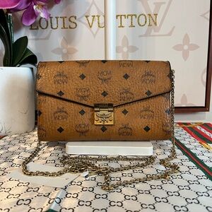 MCM Cognac Visetos Clutch with Gold Chain